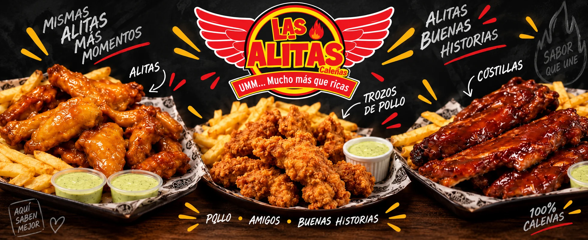 Las Alitas Caleñas: alitas, trozos de pollo y costillas BBQ